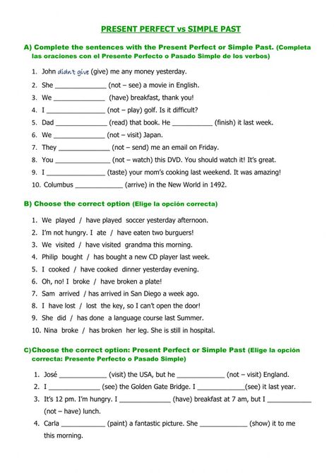 Present Perfect Vs Past Simple Worksheet, Present Simple Vs Past Simple, Adult Worksheets, Eng Grammar, Esl Flashcards, English Grammar Exercises, Esl Teaching Resources, Past Simple, Perfect Tense