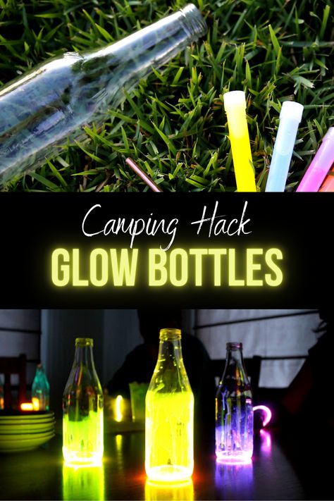 Transform camping into glamping with this DIY lighting hack. Grab a few empty glass bottle and glow sticks and light up your campground with these colorful lanterns. Diy Camping Lantern, Camping Diy Ideas, Diy Camping Decor, Diy Camping Ideas, Camp Lighting Ideas, Glamping Hacks, Camping Lights Ideas, Camping Lights Diy, Diy Camping Games