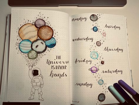 Bujo Galaxy Theme, Space Theme Journal, Bujo Space Theme, Bullet Journal Space Theme, Space Bullet Journal, Space Bujo, Book Arrangement, Year Tracker, March Bujo