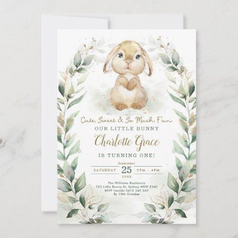 $2.61 | Springtime Bunny Easter Rabbit 1st Birthday Party - Easter Invitations & Announcements #elegantchicmoderntrendycute #sweetforestanimal #whimsicalscriptcalligraphy #bunny1stbirthdayparty #rabbitfirstbirthdayinvite #cutesweetsomuchfun #springgarden #easter #softsagegreengoldleaves #watercolorgreeneryeucalyptuswreath Birthday Rabbit, Bunny Baby Shower Invites, Bunny Invitations, Couples Baby Shower Invitations, Baby Shower Invites Neutral, Bunny Birthday Party, Easter Invitations, Bunny Baby Shower, Gold Baby Shower