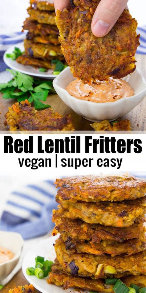 These potato fritters with red lentils are super easy to make and so delicious! They're best with spicy sriracha mayonnaise! Find more vegan recipes and vegan dinner ideas on veganheaven.org! #vegan #fritters #vegandinner Red Lentil Fritters, Vegan Potato Pancakes, Fritters Vegan, Lentil Fritters, Lentil Dishes, Potato Fritters, Red Lentils, Corn Fritters, Vegan Potato