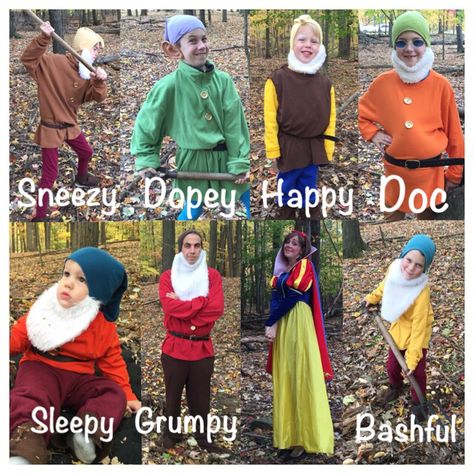 Family Halloween costumes! Snow White and the seven dwarfs! Almost everything can be thrifted! Snowwhite Costume Family, Seven Drawfs Costume, Snow White And 7 Dwarfs Costume Diy, Snow White And The Seven Dwarfs Costumes, Snow White Family Costume, 7 Dwarves Costume Diy, Dwarfs Costume, Seven Dwarfs Costume, Parade Costumes