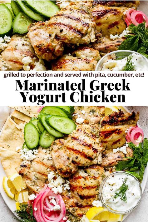 Chicken With Tzatziki Sauce, Chicken Marinade Yogurt, Yogurt Chicken Marinade, Chicken Souvlaki Marinade, Greek Yogurt Chicken Marinade, Greek Yogurt Chicken Recipes, Greek Yogurt Marinated Chicken, Bird Recipes, Greek Grilled Chicken