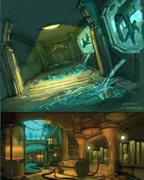 Bioshock Environment, Underwater Facility, Bioshock Concept Art, Place Reference, Scifi Corridor, Dnd Decor, Bioshock Rapture, Bioshock Game, Bioshock Art