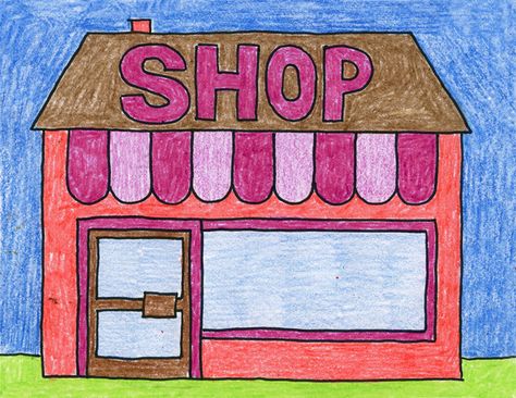 Here is a very simple plan for drawing a shop, which students can customize to their liking. Pets, candy, clothes, toys, etc. I love the version that this little first grader named Clara did. • View and download Draw a Shop Tutorial Lighthouse Coloring, Draw Buildings, Kindergarten Drawing, Art Haus, Easy Candy, Shop Drawing, Drawing Kids, Simple Projects, Art Projects For Kids