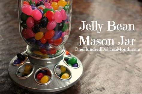 Jelly Bean Mason Jar – Upcycling a Chick Feeder Jelly Bean Gift Ideas, Jelly Bean Guessing Game In A Jar, Mason Jar Lid Eggs, Jelly Bean Dispenser, Jar Of Jelly Beans, Jelly Beans Easter, Days To Christmas, Christmas Mason Jars, Easy Arts And Crafts