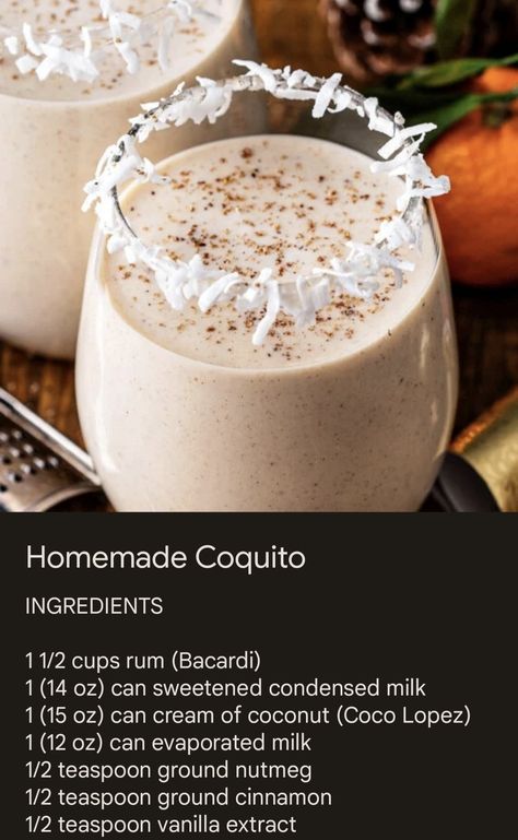 Original Recipe from https://thenovicechefblog.com/coquito/ Virgin Coquito Recipe Puerto Rican, Easy Coquito Recipe Puerto Rican, Banana Coquito Recipe, Cocoquito Recipe, Virgin Coquito Recipe, Cocotini Recipe, Simple Puerto Rican Recipes, Homemade Coquito Recipe, Cocito Drink Recipe