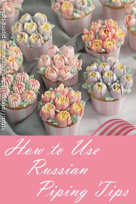 Russian piping tips allow you to create large numbers of uniform flowers very quickly so decorating your cakes and cupcakes flies by in a snap! via @preppykitchen Russian Cake Decorating Tips, Russian Cake Tips, Tips Preppy, Russian Cake Decorating, Russian Icing Tips, Icing Consistency, Russian Nozzles, Russian Cake, Rose Cupcake