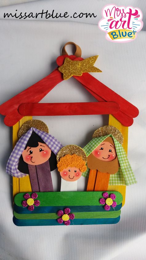 Portero navideño con Jesús, Jose y María Jesus Christmas Crafts, Ideas Para Manualidades, Christmas Crafts Diy Projects, Anna Disney, Bible Crafts For Kids, Nativity Crafts, Christmas School, Preschool Christmas, Sunday School Crafts