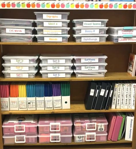 Want ideas for how to organize all of your phonics materials? This blog post shows pictrures and provides links to help you with your phonics storage. Literacy Coach Office, Orton Gillingham Organization, Intervention Classroom, Literacy Intervention, Phonics Centers, Classroom Anchor Charts, Small Group Reading, Phonics Instruction, Class Organization