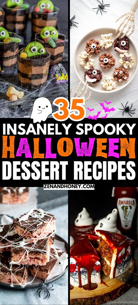 If you're throwing a Halloween party and need some cute spooky desserts, here's a list of 35 easy Halloween dessert recipes that will give your guests chills! Halloween Dinner Party Desserts, Halloween Dessert Party, Spooky Halloween Sweets, Halloween Sweet Table Ideas, Easy Halloween Deserts Simple, Spider Desserts Halloween, Halloween Desert Ideas Easy, Halloween Party Food Ideas Desserts, Dessert For Halloween