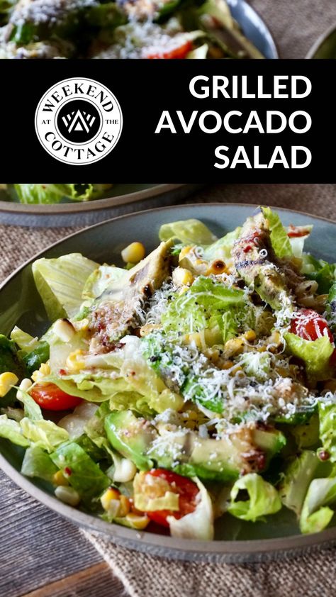 Grilled Avocado Salad with Smoky Caesar Dressing - Weekend at the Cottage Grilled Avocado Salad, Grilled Chicken Strips, Best Summer Salads, Grilled Avocado, Vegetarian Salad, Romaine Lettuce Salad, Vegetarian Salads, Caesar Dressing, Chicken Strips