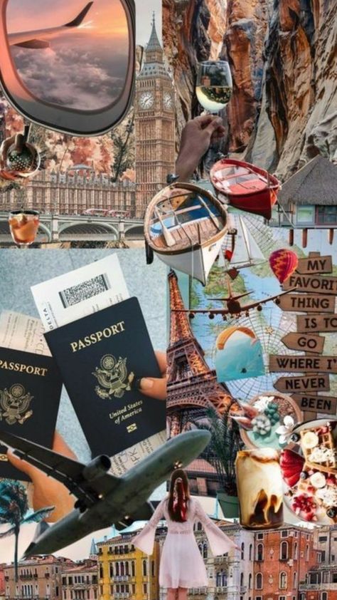 Traveling Mood Board, Travelling Collage, Travel Vision Board Pictures, World Map Aesthetic, Aesthetic Travel Pictures, Collage Travel, Creative Vision Boards, Travel Collage, Vision Board Wallpaper