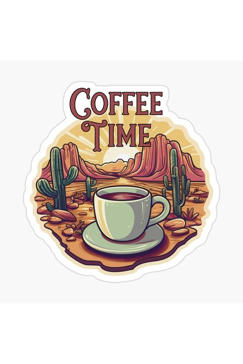 This sticker features a cute vintage "coffee time" Western scene with coffee. Perfect for any coffee lover! Cricket Stickers, Mobile Coffee Shop, Mobile Coffee, Cowboy Coffee, Instagram Template Design, Coffee Images, Coffee Stickers, Sticker Maker, Coffee Is Life