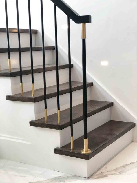 HMH Architectural Metal and Glass - Brass railings for home Baluster Ideas, Stair Railing Ideas, Brass Shelving, Black Railing, Metal Stair Railing, Modern Stair Railing, Stair Balusters, Staircase Railing Design, Iron Stair Railing