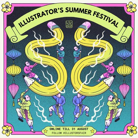 Here is my submission for the @illustratorsfair Illustrator’s Summer Festival wild flyer challenge ✨ the selection for the winner is still in process so please visit their page and like and comment on my entry 💕 The brief was to include something festive and celebratory - I decided to take inspiration from Vietnamese festive traditions such as the Dragon dance and give it an “illustration” spin. The composition is also inspired by Eastern symmetrical spiritual paintings 🏮 I have been postin... Summer Festival Illustration, Japan Summer Festival Illustration, Rave Festival Graphic Print T-shirt, Spiritual Paintings, Dragon Dance, Like And Comment, Summer Festival, The Winner, The Dragon