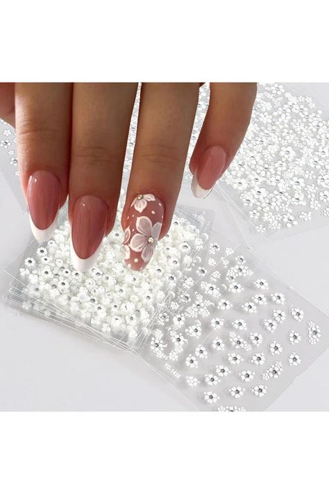 30 Sheets White Flower Nail Art Stickers, White Flower with Rhinestones Designs Nail Decals 3D Self Adhesive Nail Stickers Nail Art Supplies White Flower Stickers for Nails 3d Flower Nails Coffin, 3d Flower Nails Acrylics, Hawaiian Flower Nails Acrylic, Flower Nails Pink, White Flower Nail Art, Hibiscus Flower Nails, Hawaiian Flower Nails, Rhinestones Designs, Pink Flower Nails