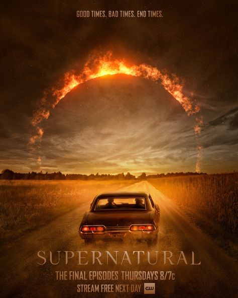 Supernatural the final episodes poster Supernatural Poster, Good Times Bad Times, Supernatural Cw, Supernatural Series, Supernatural Wallpaper, Sam Dean, Supernatural Beings, Supernatural Seasons, Odaiba