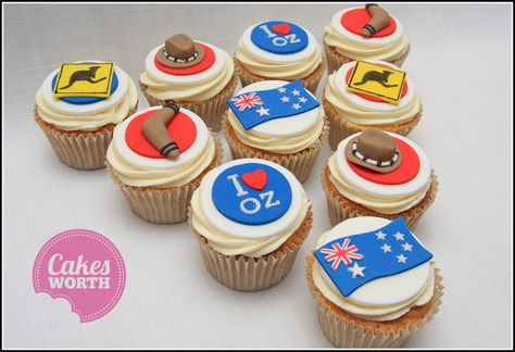 Cupcakes with Australian themed fondant toppers. Australian Cupcakes, Australia Cake, Shower Photos, Bridal Shower Photos, Cake Stuff, Australian Food, Fondant Toppers, Colour Combo, Australia Day