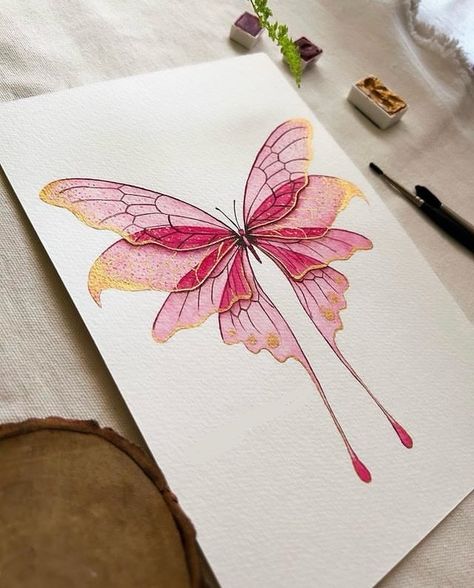 Metallic Colour Painting, Water Colour Painting Ideas Inspiration, Sketch Ideas Aesthetic, Mindful Aesthetic, Watercolor Fantasy Art, Skrim Watercolors, Aesthetic Watercolor, Metallic Watercolor, Butterfly Art Drawing