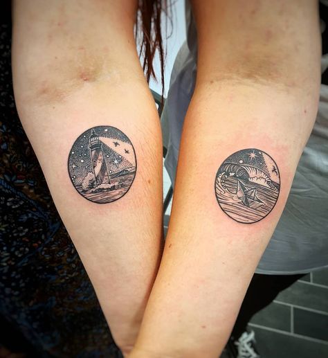 🖤These two sisters had "matching" scene tattoos, with The light house looking out for the little boat on the sea. Happy birthday Amy! 🖤🏖️… Lighthouse Couple Tattoo, Lighthouse And Boat Tattoo, Light House Tattoo Design, Scene Tattoos, Boat On The Sea, Sketchy Tattoo, Boat Tattoo, Sister Tattoo Designs, Scene Tattoo