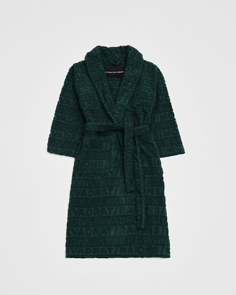 A shawl-collared bathrobe in terry cotton with a Kvadrat/Raf Simons logo shaved in the jacquard pattern. Designed for wrapping the whole body, it is oversized and generously long. Terry Robe, Green Logo, Jacquard Pattern, Raf Simons, Whole Body, All Over, Embossed Logo, Green Cotton, Sleepwear Women