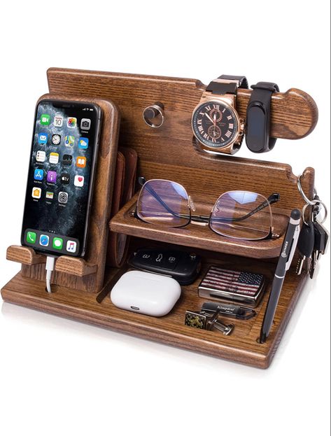 Wood Phone Docking Station with room for other accessories Phone Charging Station Ideas, Man Desk, Phone Docking Station, Wooden Docking Station, Key Holder Wallet, Nightstand Organization, Wooden Desk Organizer, Ash Tree, Organization Gifts