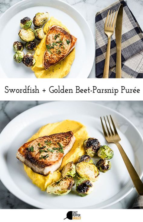 Fall Swordfish Recipes, Swordfish Side Dishes, Parsnip Puree Recipe, Pan Seared Swordfish, Seafood Stuffed Mushrooms, Garlic Scallops, Skillet Food, Shrimp Pasta Dishes, Pepper Skillet