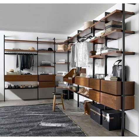 Pole System Wardrobe, Walk In Robe Ideas, Walk In Closet Inspiration, Masculine Room, Industrial Bedroom Design, Closet Design Layout, Walk In Closet Design, Bamboo House, Wardrobe Room