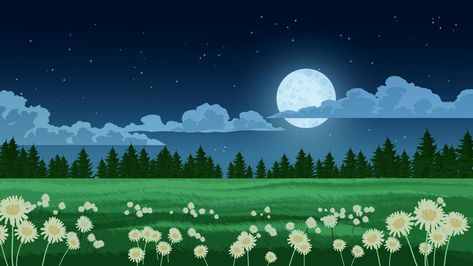 Meadow landscape at night with full moon, clouds, trees and flowers 2d Landscape, Landscape At Night, Drawing Backgrounds, Style Roots, Meadow Landscape, Trees And Flowers, Moon Clouds, Typography Illustration, Abstract Wallpaper Design