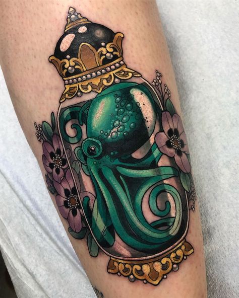 Arielle Gagnon on Instagram: “Little octopus in a jar from my flash. Thanks so much Cynthia for copping this one and sitting perfectly! 🐙” Octopus In A Jar, Teapot Tattoo, Octopus Tattoo Design, Sea Tattoo, Bottle Tattoo, Insect Tattoo, Octopus Tattoo, Neo Traditional, Like Comment Share