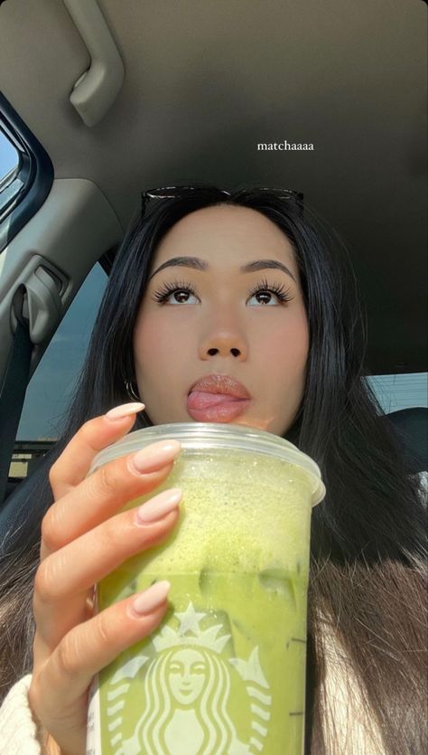 Drink Selfie Instagram, Starbucks Selfie Instagram, Matcha Instagram Story, Starbucks Aesthetic Instagram Story, Starbucks Selfie, Tongue Out Selfie, Starbucks Matcha, Sweet Frog, Photo Pin