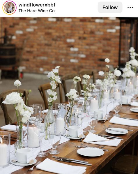 Minimalist White Centerpiece, Candle Flower Table Decor, Dainty Wedding Flowers Table, Wedding Table Hydrangea, Simple Wedding Table Setup, Rectangular Table Decor Wedding, White Cheesecloth Table Runner Wedding, Clean Wedding Decoration, Minimalistic Wedding Flowers