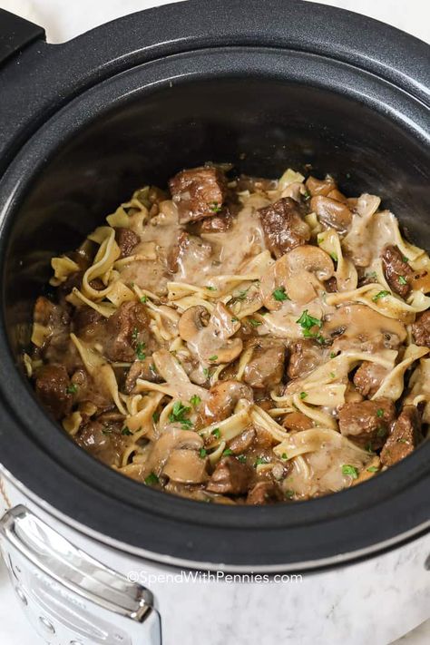 Beef stroganoff is the perfect crock pot meal to greet you after a long day at work! Tender beef, veggies, sour cream & seasonings round out this meal! Beef Strog, Crock Pot Beef Stroganoff, Stew Crockpot, Beef Stroganoff Crockpot, Slow Cooker Salisbury Steak, Crock Pot Beef, Stew Beef, Beef Stroganoff Easy, Crockpot Recipes Beef Stew