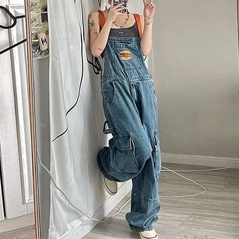 Women's Overalls Cargo Pants One Piece Denim Sweatpants Loose Fit Active Joggers Vintage Trousers with Pockets Baggy