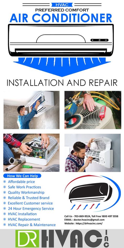 At Dr. HVAC INC, we provide AC installation and repair services based in Woodbridge, Dumfries, Stafford, or anywhere in Northern Virginia. We have a professional team of HVAC & AC service specialists who are capable of working with a variety of different brands and types of units. Get in touch with us today : 703-869-9524, 1800 497 5558 Air Conditioner Maintenance, Refrigeration And Air Conditioning, Ac Repair Services, Hvac Maintenance, Hvac Installation, Hvac Repair, Hvac Unit, Ac Service, Air Conditioning Services