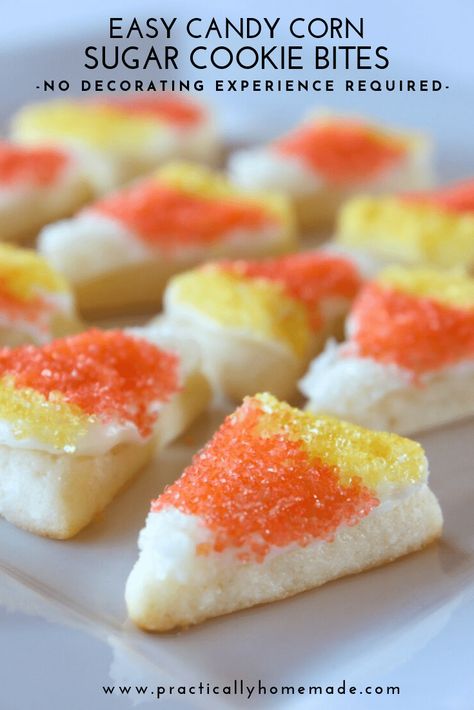 Easy Candy Corn Sugar Cookie Bites | Fall | Practically Homemade Sugar Cookie Bites, Candy Corn Sugar Cookies, Practically Homemade, Corn Cookies, Halloween Sugar Cookies Decorated, Easy Halloween Cookies, Candy Corn Cookies, Cream Cheese Sugar Cookies, Cookies To Make