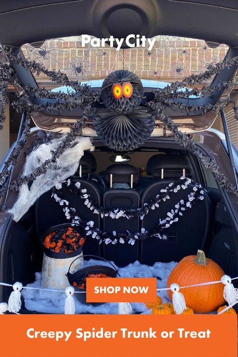 Shop now for your Creepy Spider Trunk or Treat decoration needs at Party City. Spider Trunk Or Treat, Trunk Or Treat Decorations, Trunk Or Treat Kits, Halloween Ornament Wreath, Spider Car, Halloween Trunk Or Treat, Party Favors Ideas, Halloween Car Decorations, Trunker Treat Ideas