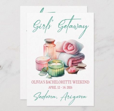 Girls' Getaway, spa themed bachelorette party invitation, 5x7 printable, spa weekend, mani, pedi, candles, relaxation, pink, teal, green Spa Bachelorette, Spa Bachelorette Party, Spa Weekend, Girls Weekend Getaway, Spa Inspiration, Girls Getaway, Bachelorette Party Invitations, Bachelorette Party Themes, Custom Art