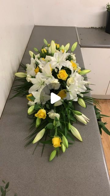 How To Arrange A Bouquet Of Flowers, Diy Casket Spray, How To Make A Floral Arrangement, Church Floral Arrangements, Yellow Floral Arrangements, Cherry Blossom Wedding Decor, Spray Bouquet, Roses And Carnations, Casket Flowers