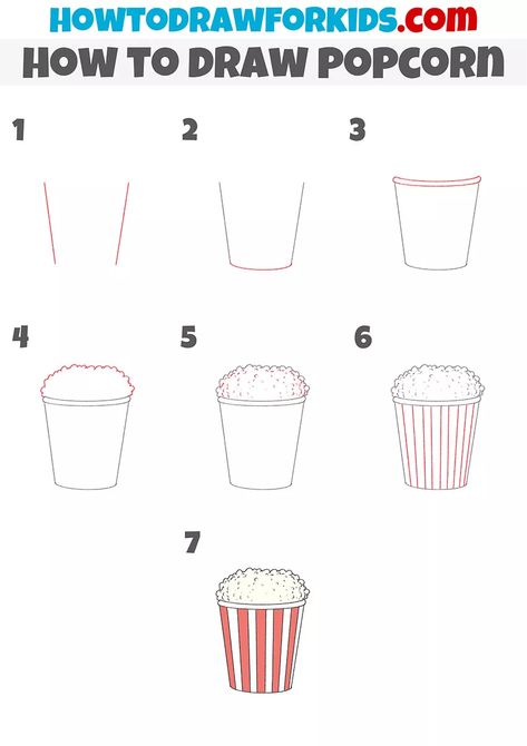 How To Draw Popcorn, Popcorn Drawing, Draw Food, Step Ideas, Easy Drawing Steps, Popcorn Kernels, Food Artwork, Easy Drawing Tutorial, Drawing Lesson