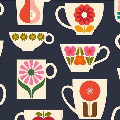 Kate Rhees - Art Licensing on Instagram: "Mugs. A really great one I forgot I made until I ran across the file. Available from Spoonflower, and I think it would make really great tea towels. . . . . . . . . #surfacedesign #surfacepattern #surfacepatterndesign #katerhees #artlicensing #mugs #teacups #teacup #colorfullife #colorismyjam #kitchenlinens #teatowel #teatowels #floralpattern #apronstyle #coffeelifestyle #teatime☕️ #teatime #fika #coffeebreak #fabriclove #fabricstore #onlinefabricstore # Retro Muse, Kate Rhees, Rex Ray, Art Licensing, Fabric Stores Online, I Forgot, Punch Needle, Surface Pattern Design, Surface Pattern