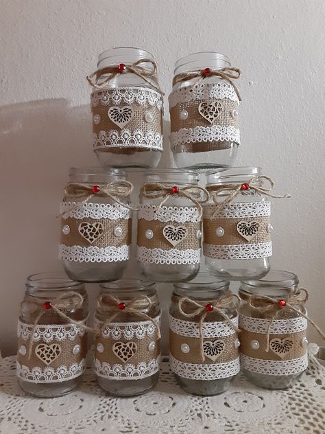 Crochet Jar Covers, Toples Kaca, Summer Mantle, Diy Glass Bottle Crafts, Tin Can Crafts, Rope Crafts Diy, Diy Jar Crafts, Mason Jar Crafts Diy, Christmas Jars