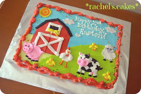 Farm sheet cake Farm Birthday Cakes, Barnyard Cake, Barn Cake, Farm Animal Cakes, Sheet Cake Designs, Farm Theme Birthday, Birthday Sheet Cakes, Farm Themed Birthday Party, Farm Animals Birthday Party