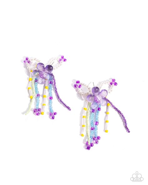 A frosted purple acrylic flower with a glassy purple center glistens from the ear. Strands of glassy and pearlized turquoise, yellow, mint, and purple seed beads and white pearls in round and cylindrical shapes flourish from the purple flower, mimicking whimsical vines. Earring attaches to a standard post fitting.   Sold as one pair of post earrings. Japanese Blossom, Blue Hair Accessories, Seed Bead Flowers, Yellow Apple, Purple Acrylic, Mask Holder, Mask Chain, Acrylic Flower, Brown Jewelry