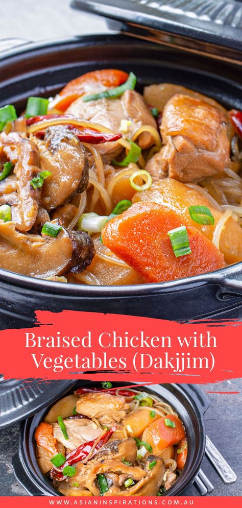 A Korean dish perfect for serving with rice, Dakjjim has chicken, potatoes and vegetables combined with glass noodles and a sweet sauce. Look here for a rich dish! Recipe by Asian Inspirations. #dakjjim #braisedchicken #jjimdak #kroeanbraisedchicken #koreanrecipe #chicken #koreanchicken #chickenwithvegetables #andojjimdak #spicybraisedchicken #chickenrecipes #koreanrecipes #koreandish #koreancuisine Jjimdak Recipe, Korean Braised Chicken, Potatoes And Vegetables, Chicken With Vegetables, Asian Vegetables, Italian Pasta Dishes, Korean Recipes, Glass Noodles, Braised Chicken