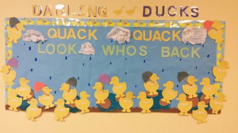 Quack Quack Look whos back! Duck bulletin board Rubber Duck Bulletin Board, Duck Theme Classroom Decor, Duck Classroom Decor, Duck Themed Classroom, Rubber Duck Classroom Theme, Duck Bulletin Board, Toddler Bulletin Boards, Aba Ideas, Frog Classroom