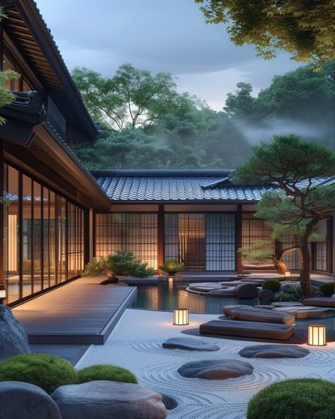 Japanese Inspired Homes, Japanese Style House Exterior, Japanese Style Homes, Japanese Modern Architecture, Japanese Zen House, Zen Courtyard, Japanese House Exterior, Japanese Mansion, Japanese Farmhouse