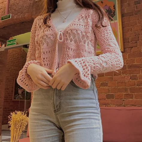 #lightacademia #darkacademia #aesthetic #romantic #coquettefashion #coquette #outfitideas #outfitstyle Coquette Crochet Pattern, Aesthetic Crochet Sweater Ideas, Light Crochet Cardigan, Crochet Pink Cardigan, Crochet Pink Sweater, Pink Crochet Projects, Coquette Crochet Ideas, Crochet Winter Clothes, Crochet Tops Aesthetic