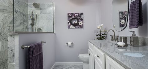 UPDATED MASTER BATH - AFTER  Like the idea of a half wall with glass only at the top. Purple And Grey Bathroom, Gray And Purple Bathroom, Lavender Bathroom Decor, Modern Bathroom Art, Lavender Bathroom, Silver Bathroom Accessories, Best Bathroom Colors, Purple Bathroom Decor, Purple Bathroom